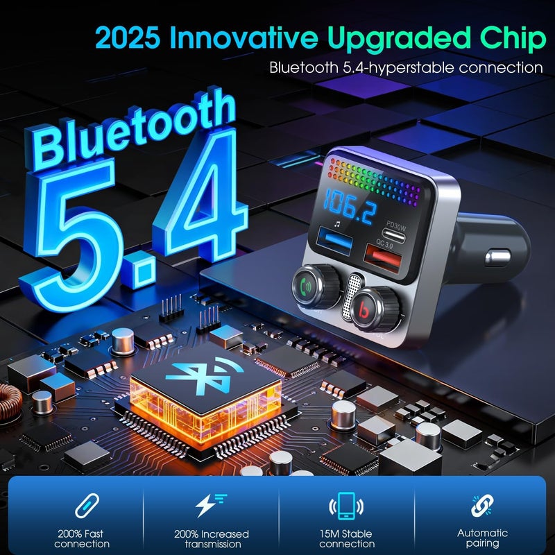 HUNDRUP Bluetooth 5.4 Car Adapter 48W Charging USB Bluetooth Adapter for Car,Wireless Fm Transmitter Radio,Song Switching,Handsfree Calling and Audio Receiver,HiFi Music Player,Matrix LED Effects - Image 3